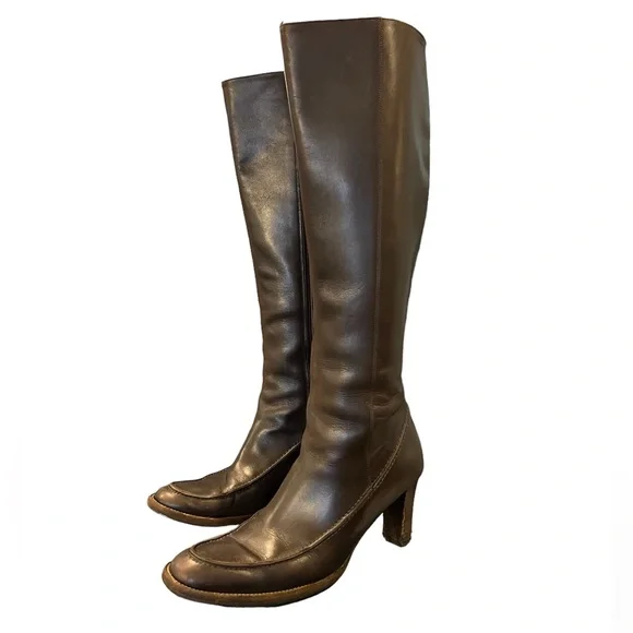 Ralph Lauren Blue Label Italian Leather Heeled Tall Zipper Boots Sz 7 Brown - Picture 2 of 16